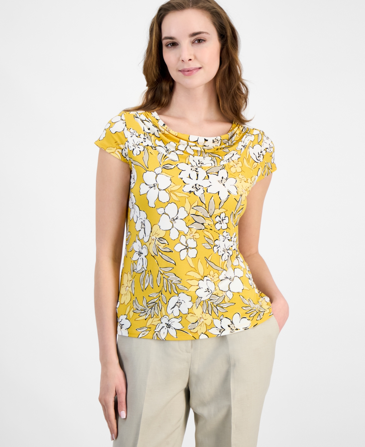 Women's Floral-Print Cowlneck Cap-Sleeve Top - Butterscotch Multi