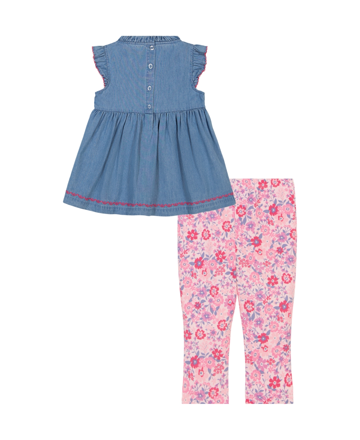Kids Headquarters Toddler And Little Girls 2-piece Embroidered Trim Chambray Tunic Top And Floral Capri Leggings Set In Dark Blue Chambray,print