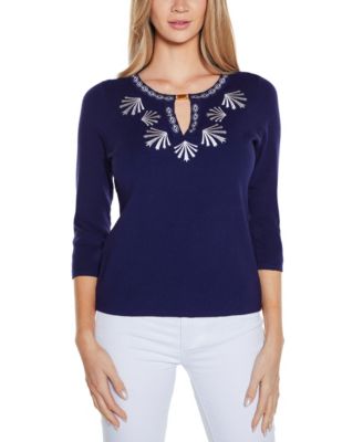 Women's Black Label Embroidered Split-Neck Sweater