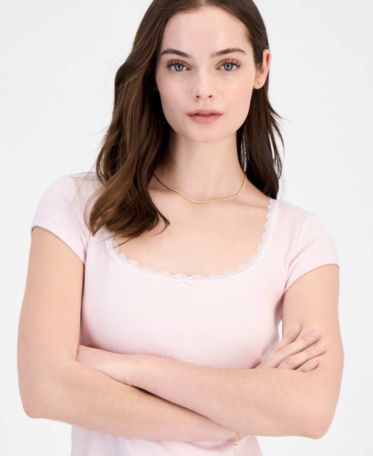 Just Polly Juniors' Lace Trimmed Short-sleeve T-shirt In Tender Touch