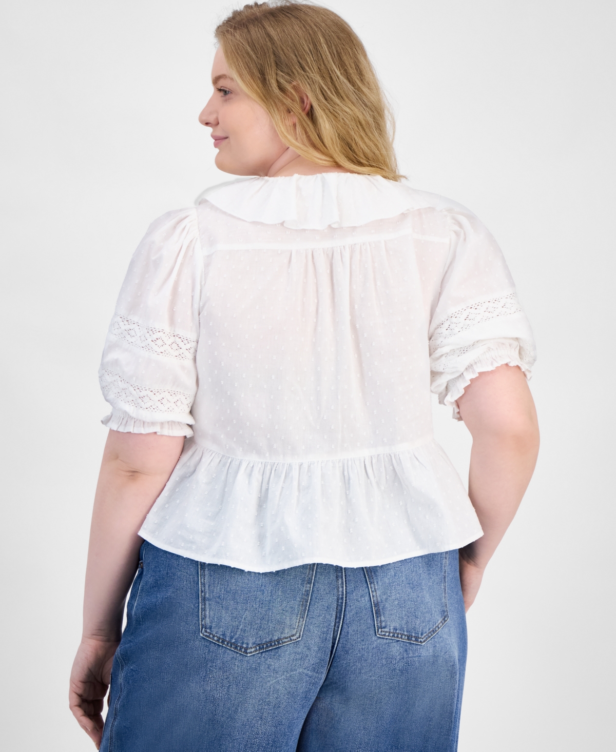 AND NOW THIS TRENDY PLUS SIZE COTTON RUFFLED SWISS-DOT BLOUSE, EXCLUSIVELY AT MACY'S 