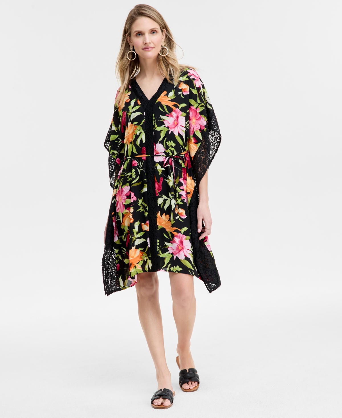 Women's Printed V-Neck Tie-Waist Kaftan Dress, Exclusively at Macy's - Deep Black