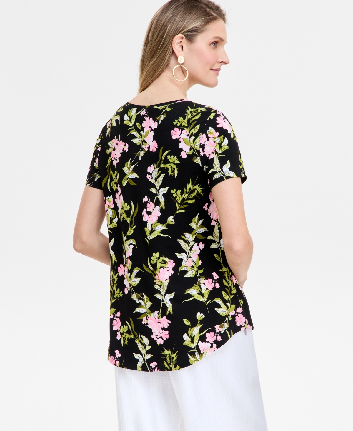Jm Collection Women's Floral Printed Scoop-neck Short Sleeve Top, Exclusively At Macy's In Black