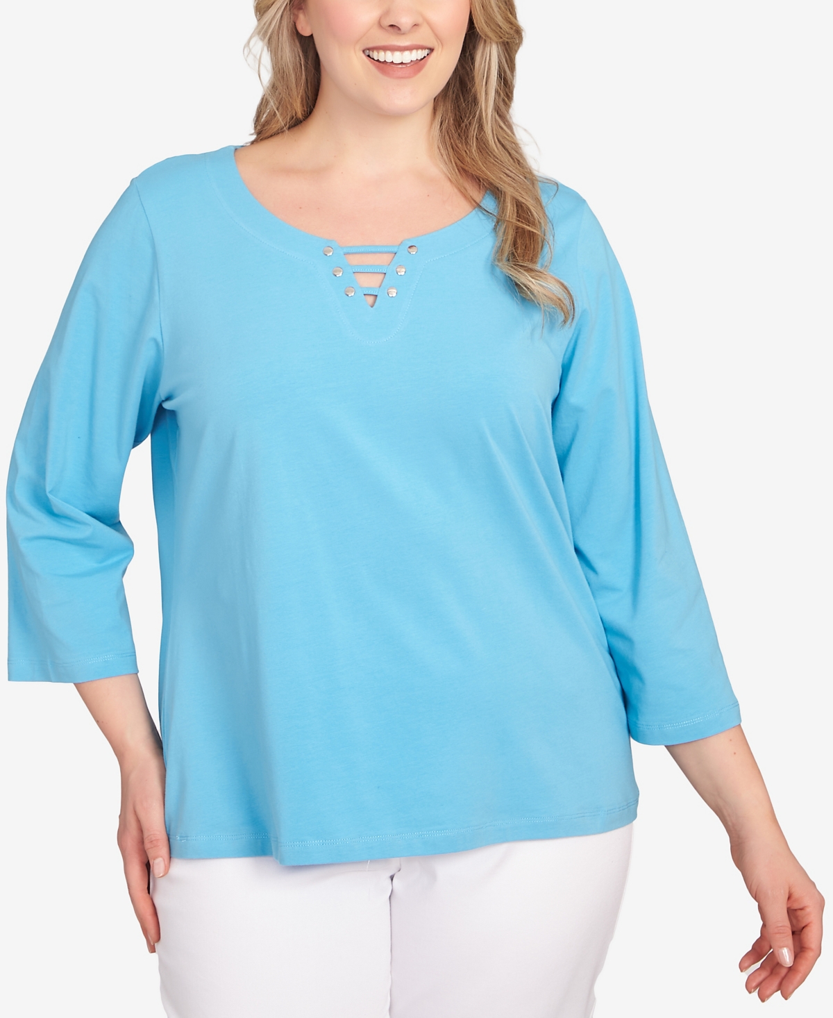 Hearts Of Palm Plus Size It Had To Be Blue Printed 3/4 Sleeve Top In Royal Multi