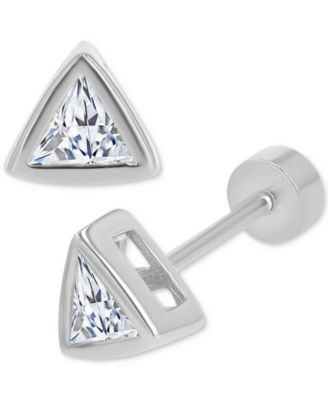 Cubic Zirconia Triangle Bezel Screw Back Stud Earrings in Sterling Silver