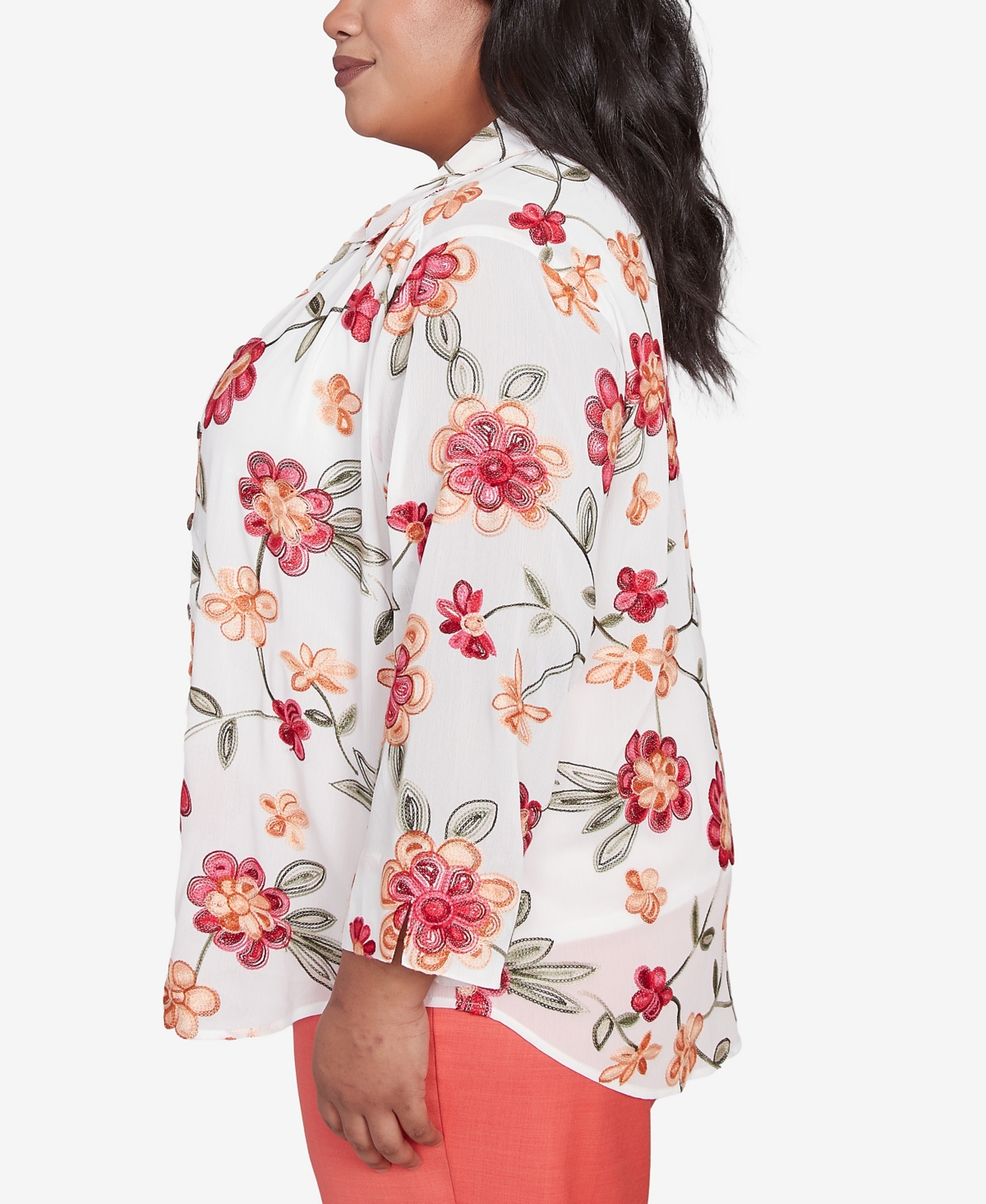 Alfred Dunner Plus Size Catalina Island Bright Floral Two In One Collared Neck Top With Necklace In White