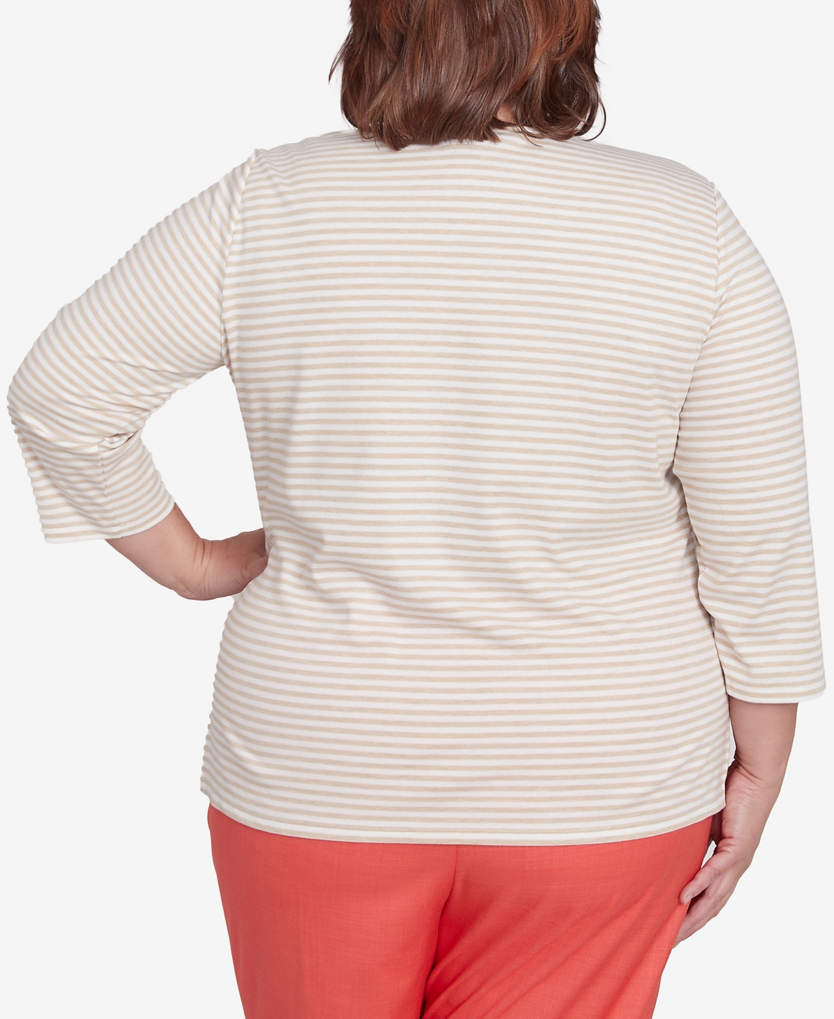 Alfred Dunner Plus Size Catalina Island Bold Medallion Stripe Round Neck Top In Linen