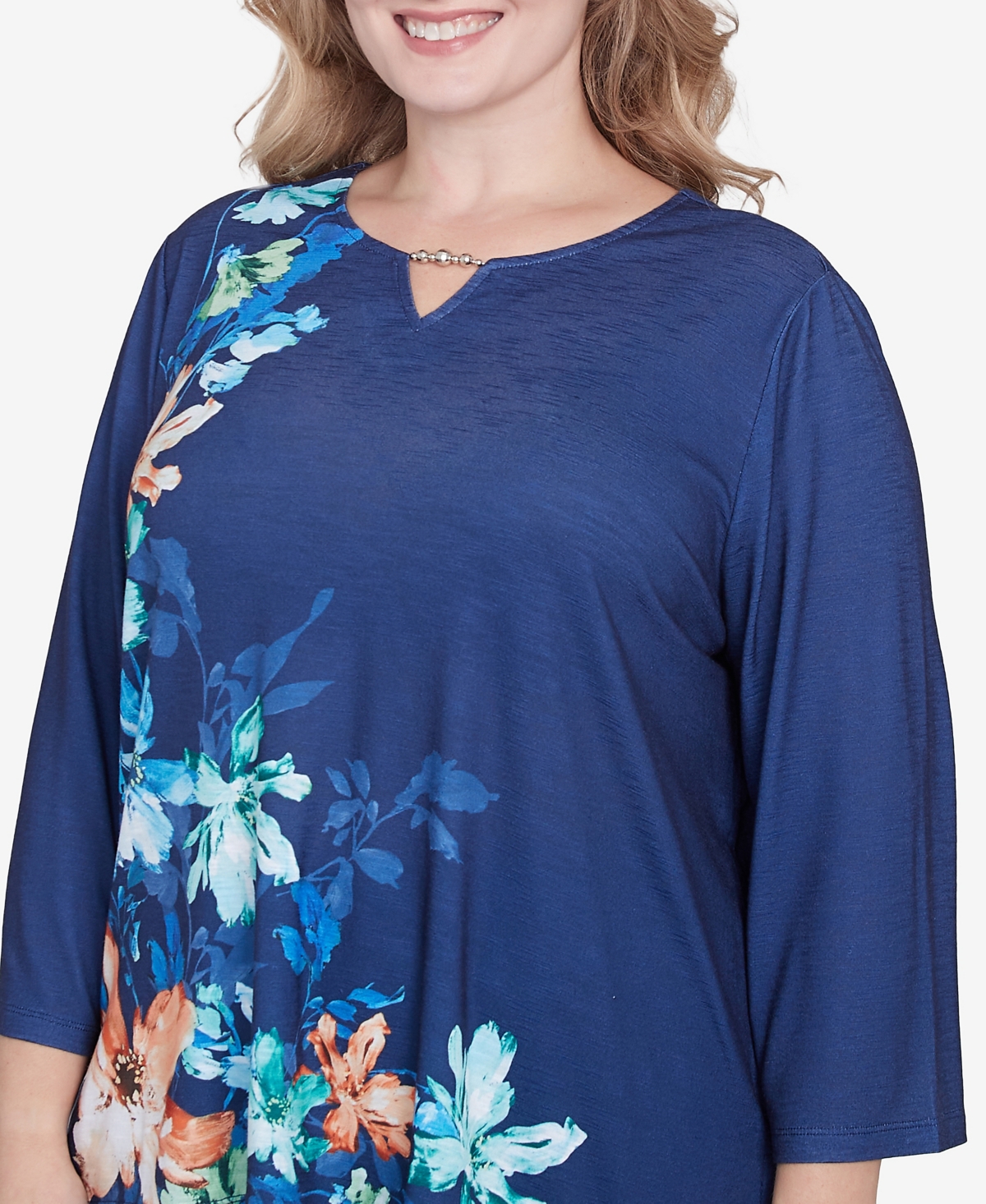 Alfred Dunner Plus Size Nantucket Asymmetric Floral Beaded Split Neck Top In Marine Blue