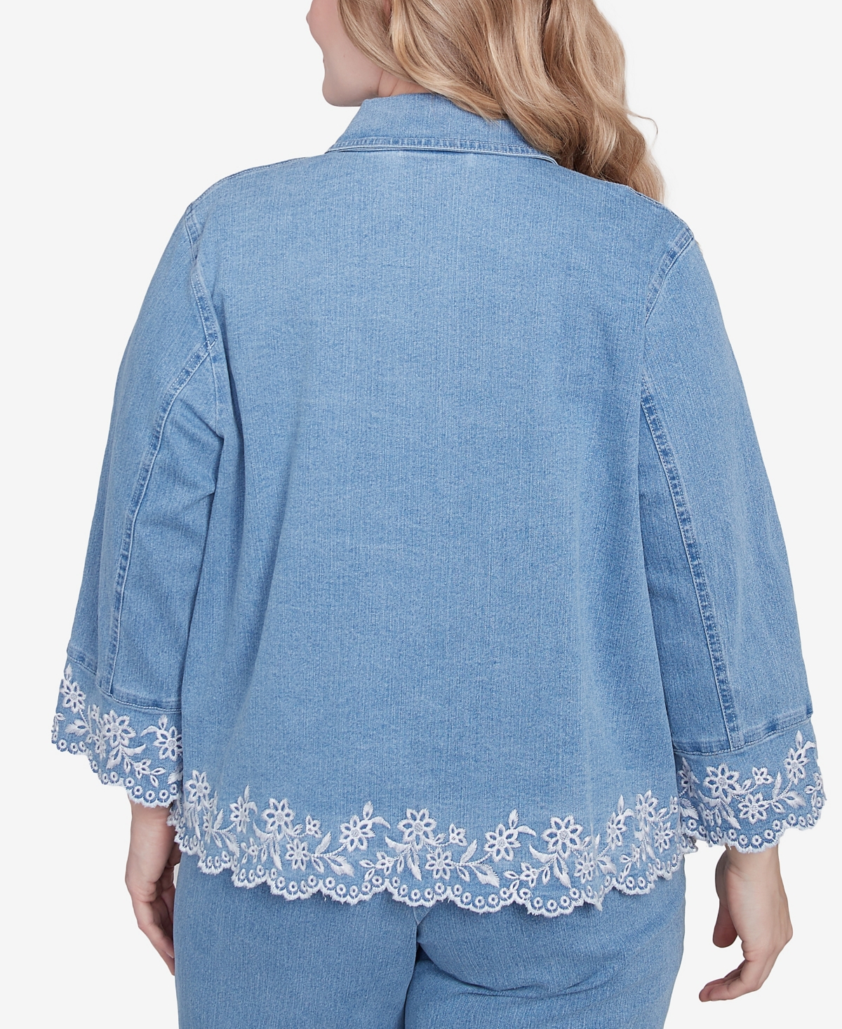 Alfred Dunner Plus Size Flower Power Denim Floral Embroidered Jacket In Light Indigo