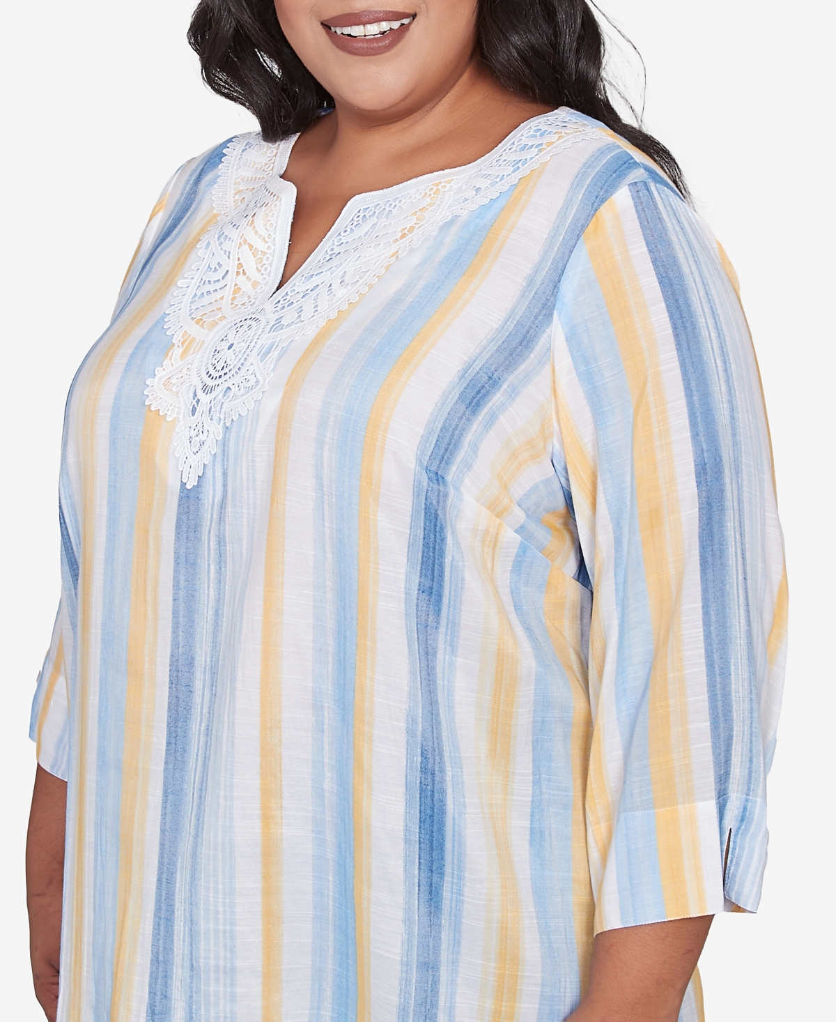 Alfred Dunner Plus Size Flower Power Striped Flower Detail Button Front Top In Multi Blue