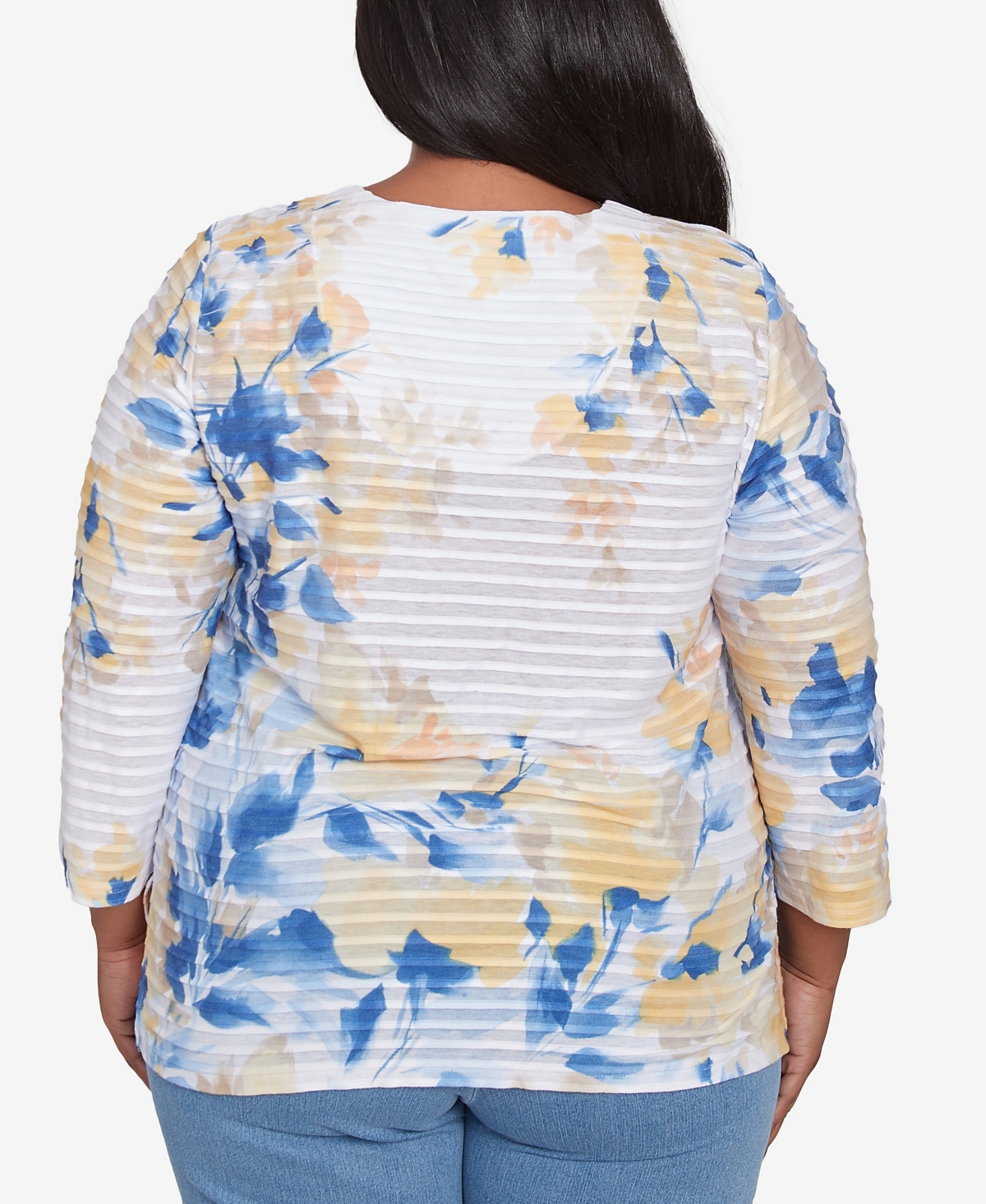 Alfred Dunner Plus Size Flower Power Floral Textured V Neck Top In Multi Blue