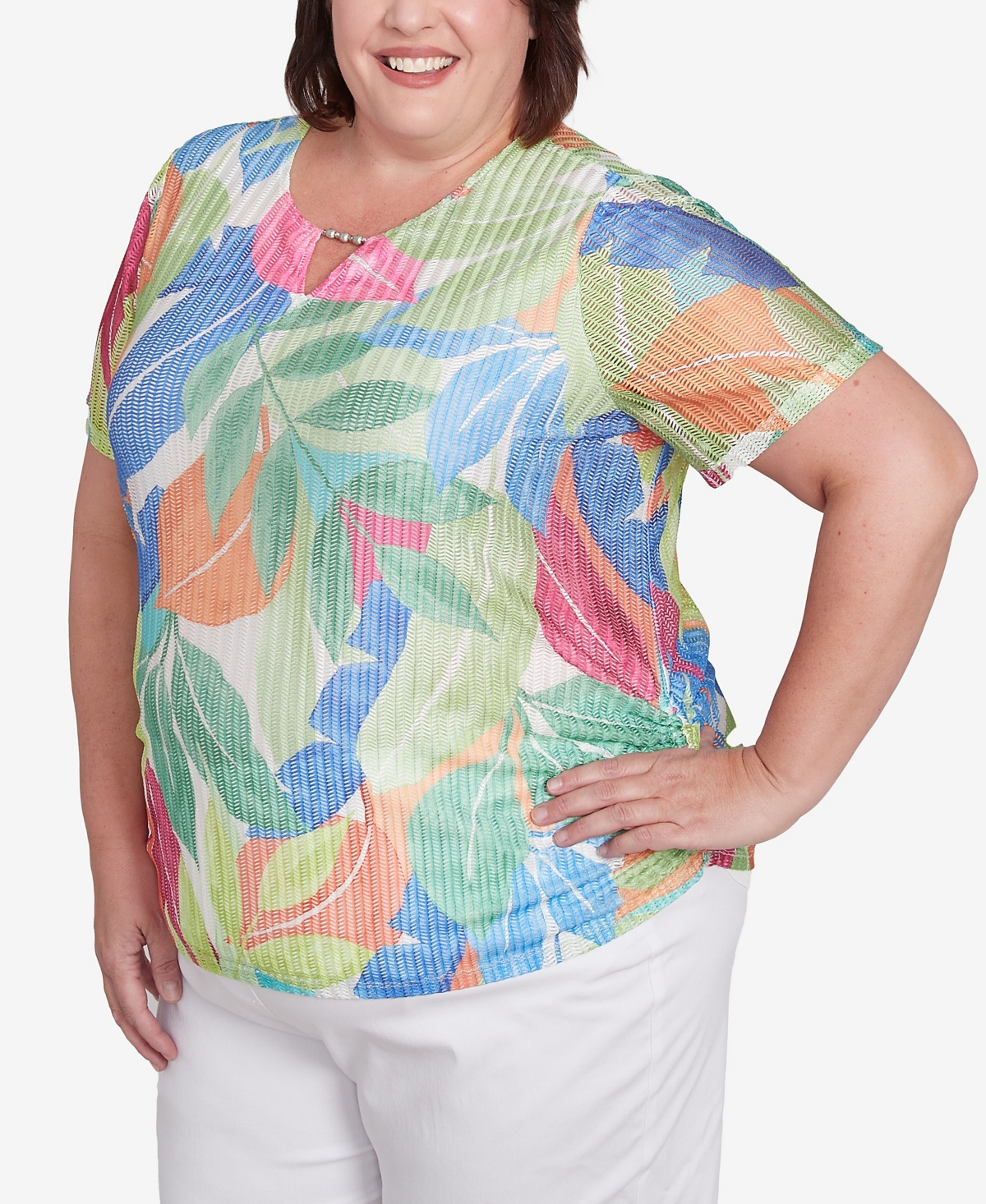 Alfred Dunner Petite Parrot Cay Textured Tropical Beaded Neck Top In Multi Green