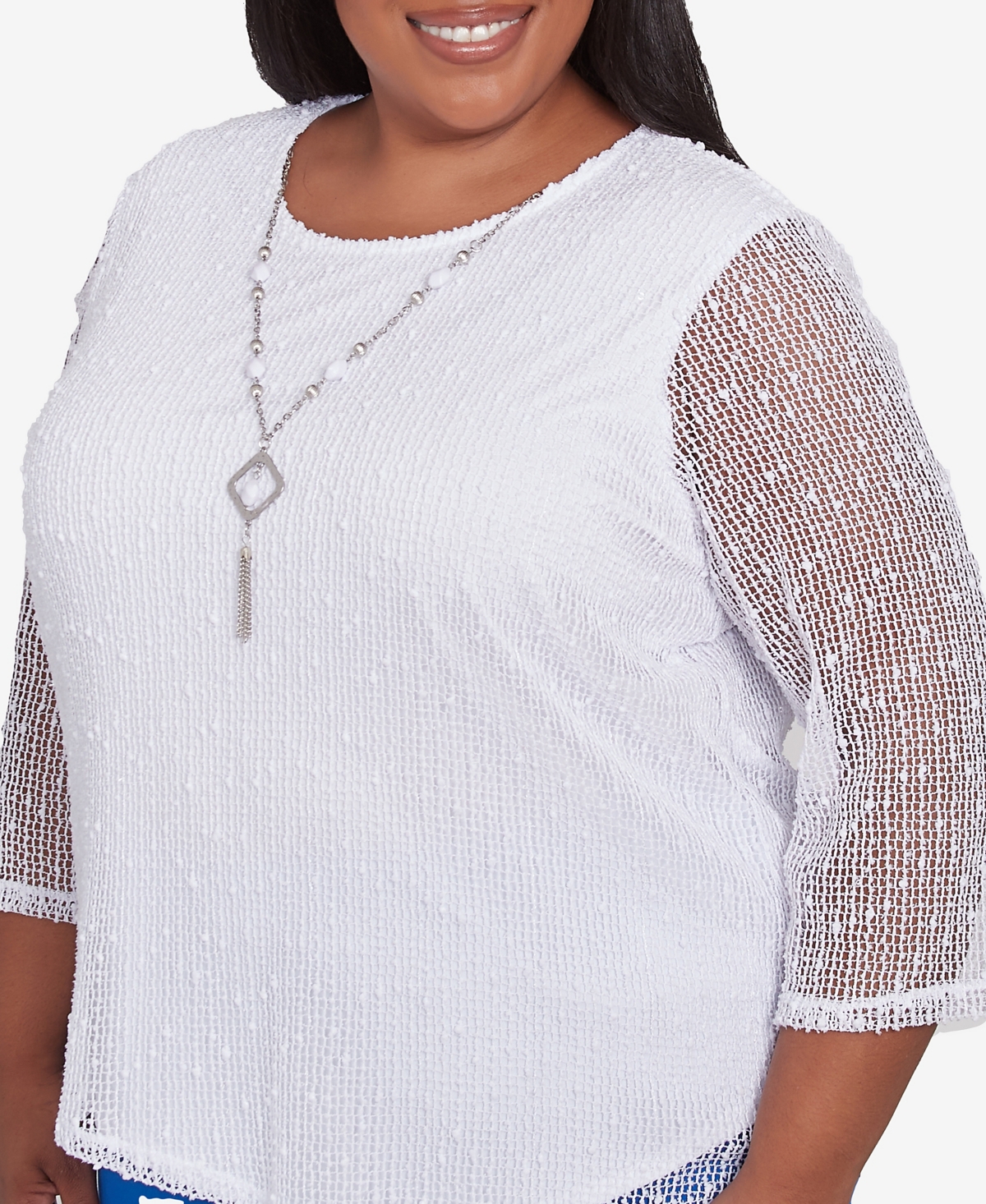 Alfred Dunner Plus Size Parrot Cay Popcorn Mesh Crew Neck Top With Necklace In White