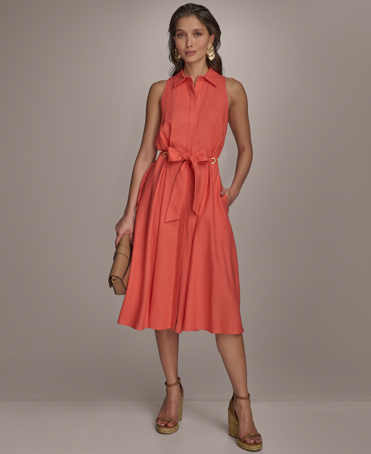 Donna Karan New York Sleeveless Linen Blend Shirtdress In Spring Melon