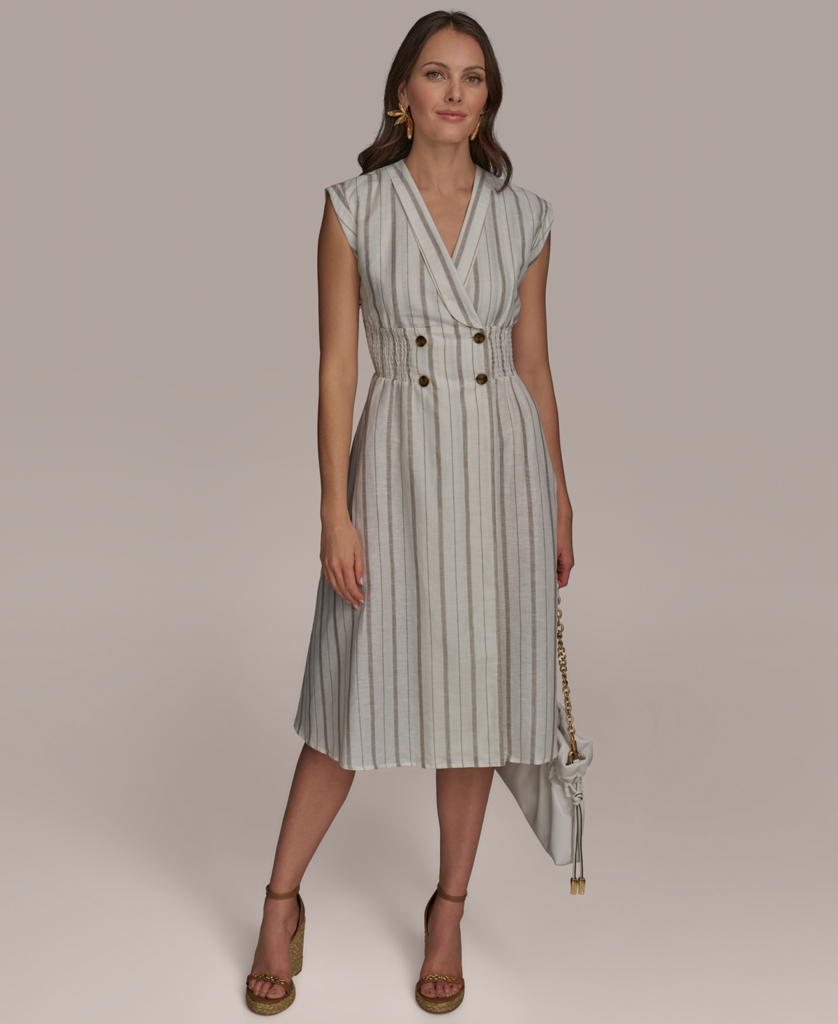 Women's Striped V-Neck Dress - Cream Multi