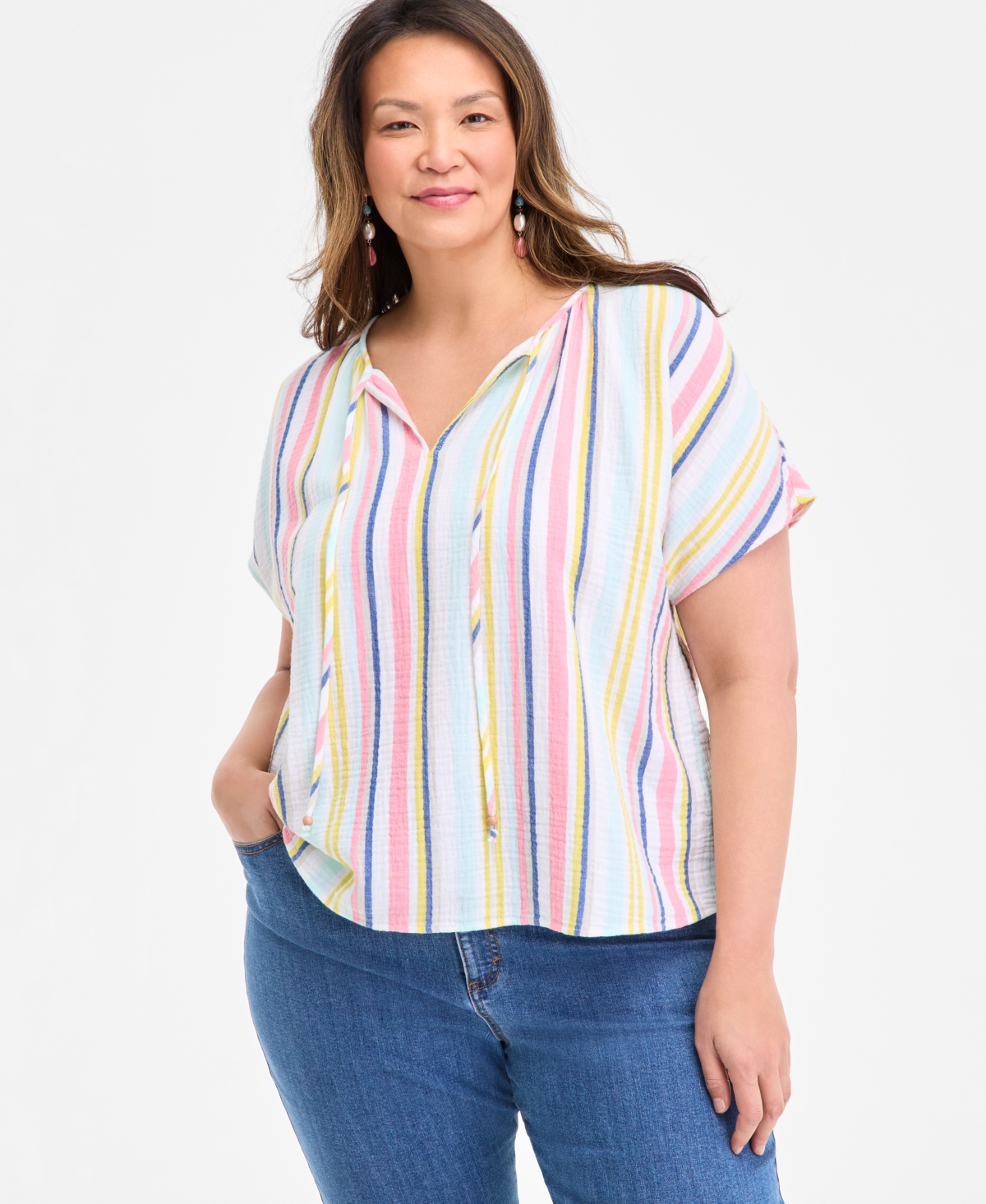Style & Co Plus Size Printed Tie-neck Short-sleeve Shirt, Exclusively At Macy's