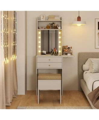 Compact Vanity Desk with Lighted Mirror and Built-In Power Outlets