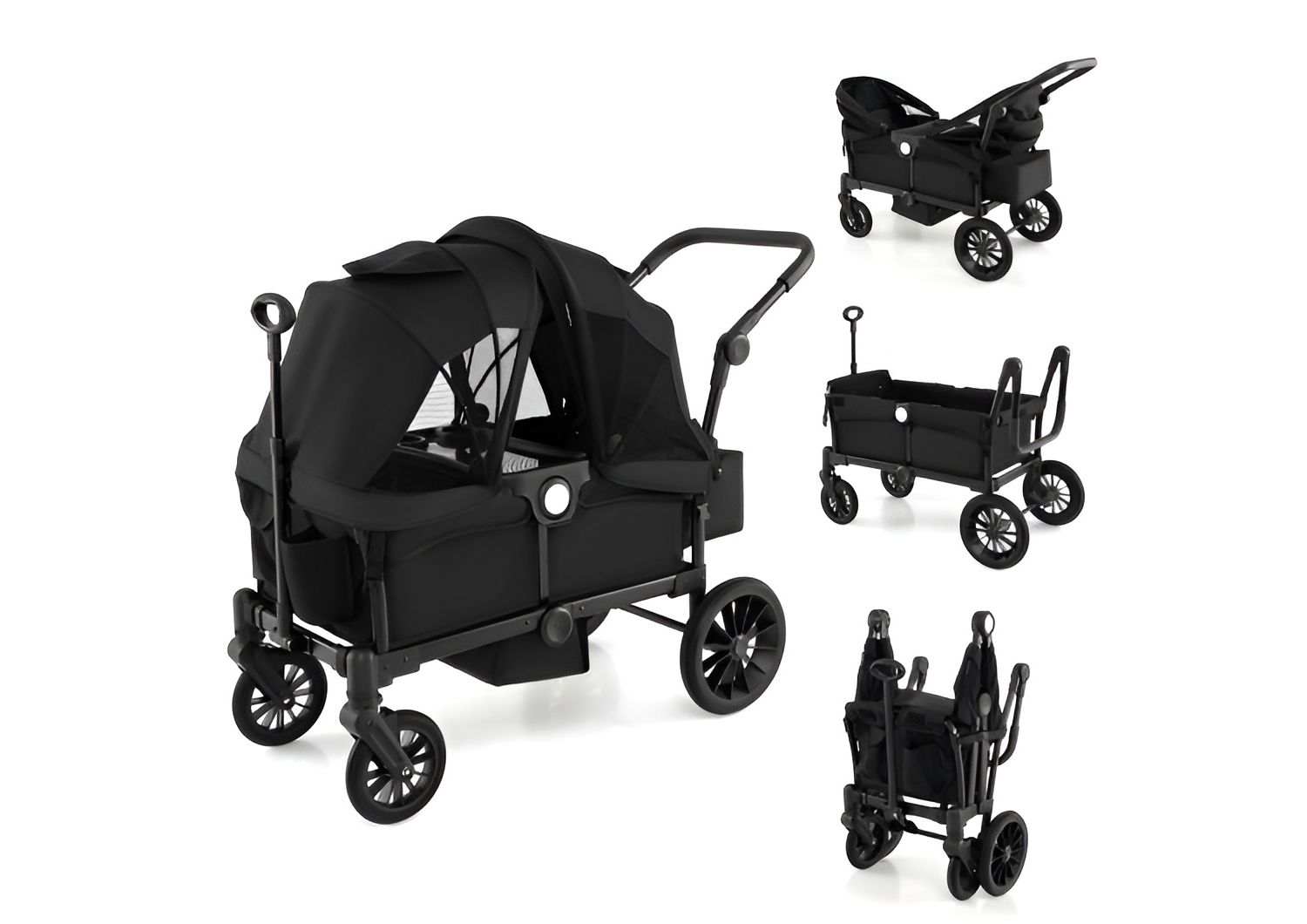 2-Seater Collapsible Kids Wagon Stroller with Push Pull Handle and Adjustable Bar
