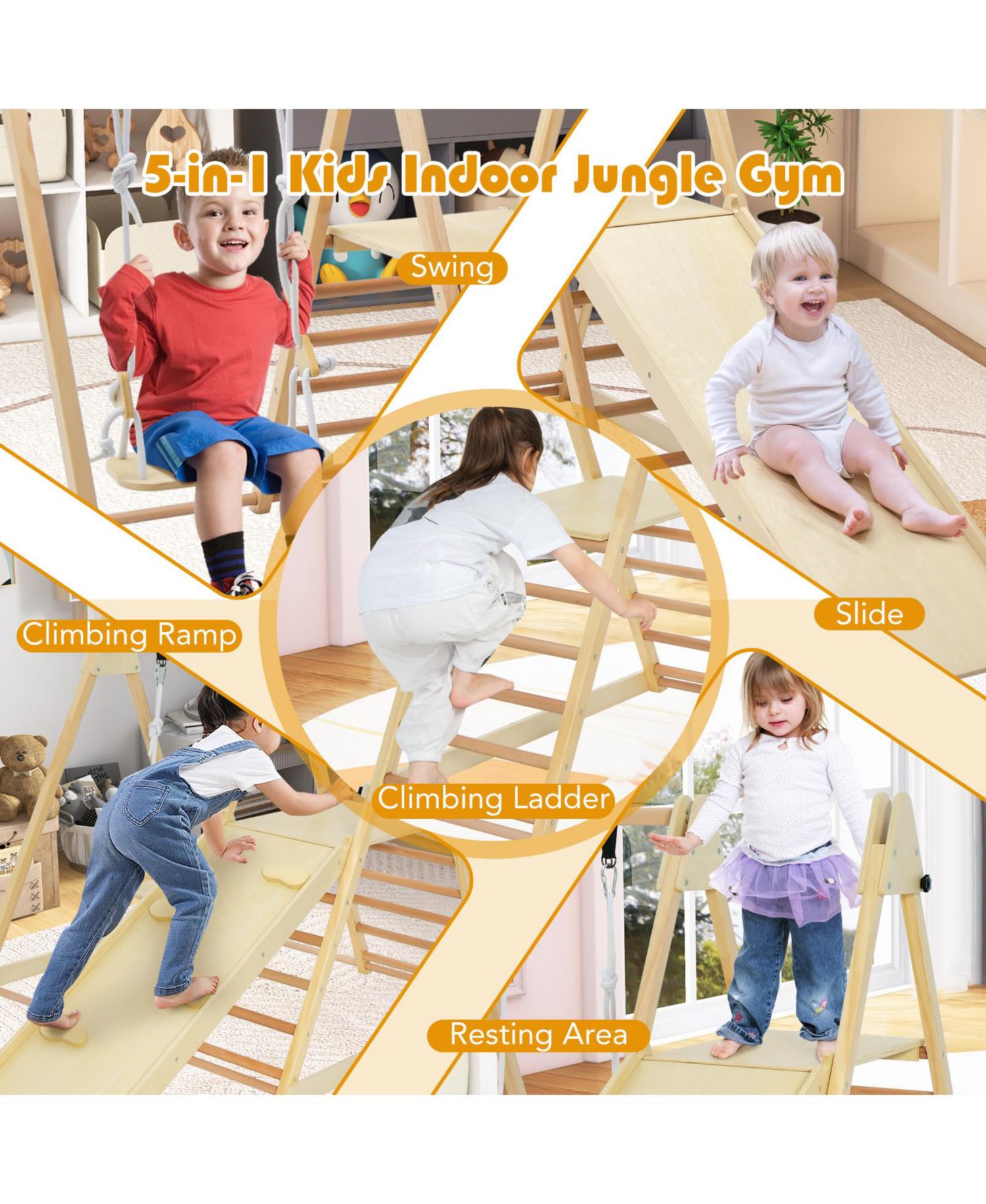 Kids 5 in 1 Indoor Playset with Foldable Climber Fun Slide and Swing