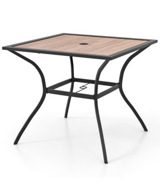 Patio Table for 4 People w/ Umbrella Hole Wood-Like Tabletop Metal Support Legs
