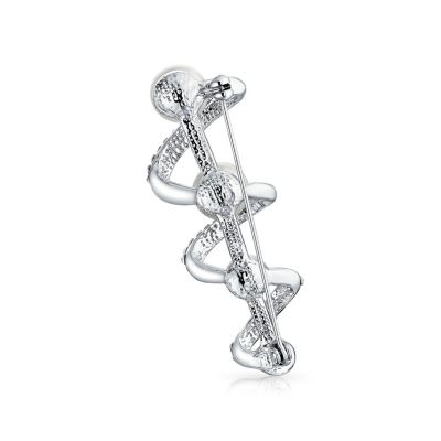 Crystal Spiral White Pearl Scarf Brooch Pin Silver Plated