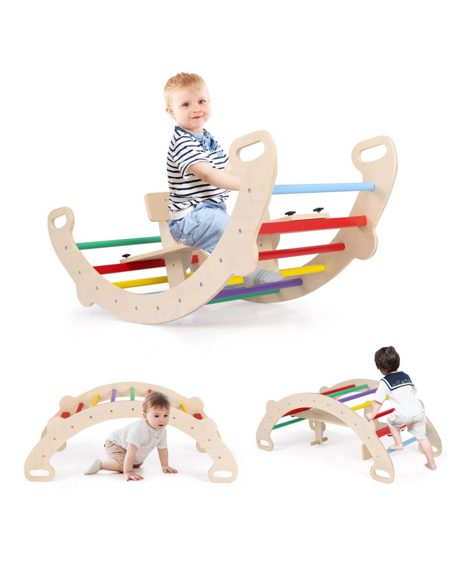 4 in 1 Kids Wooden Climbing Toy with Rocker and Crawling Tunnel