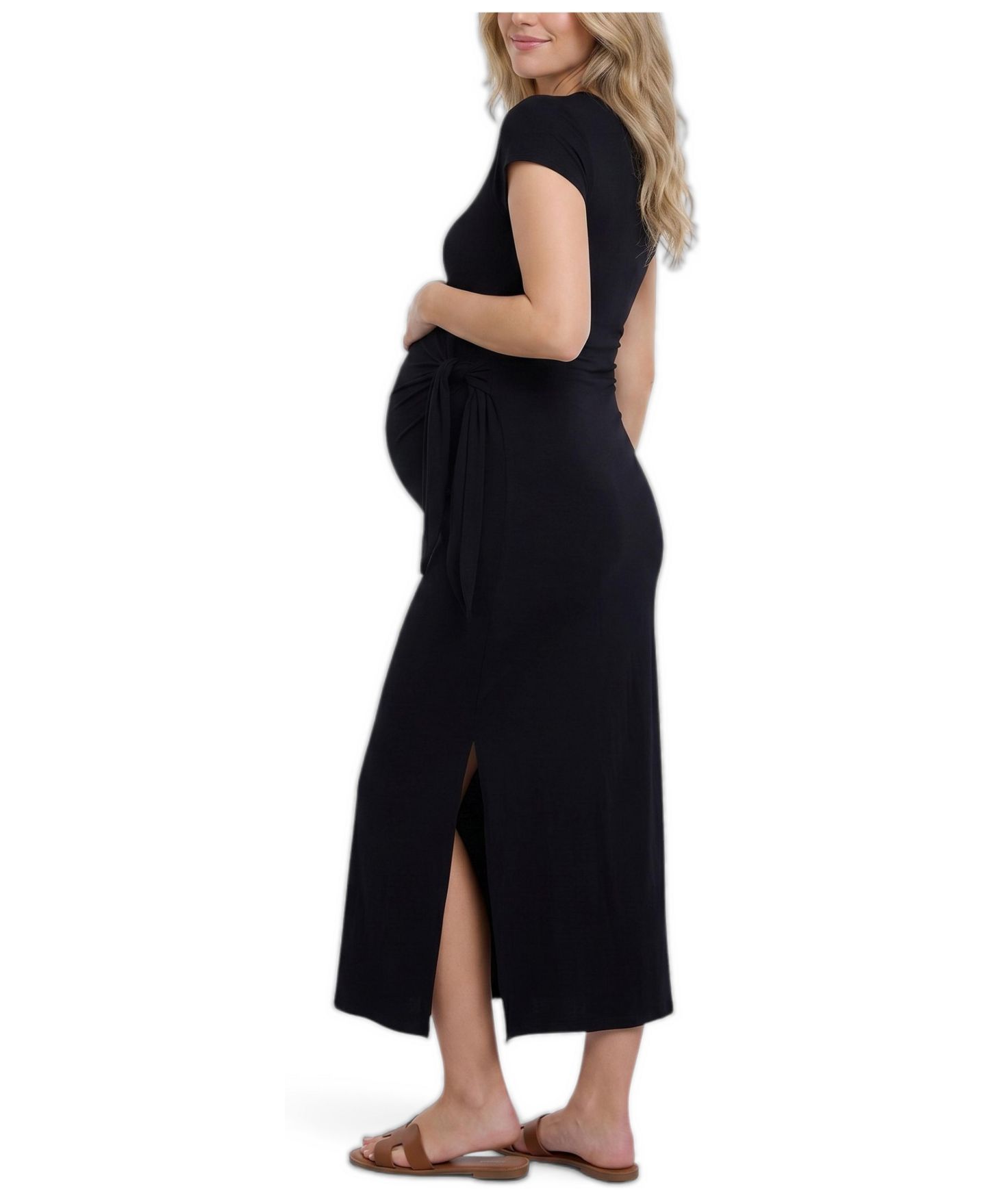 Женское платье Motherhood Maternity Crew Neck Short Sleeve Side Tie Midi Dress - Motherhood, цвет: Чёрный — фото 2