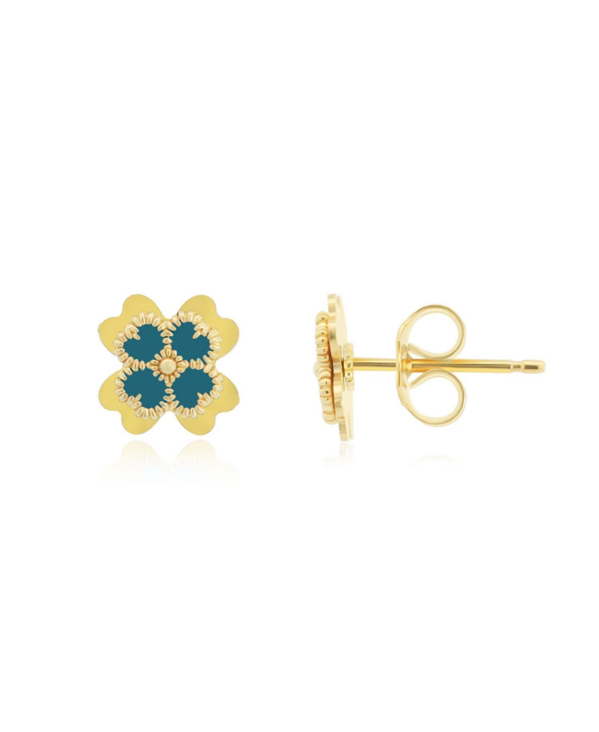 Ocean Blue Enamel Four Leaf Clover Stud Earrings 14K Gold - Ocean blue