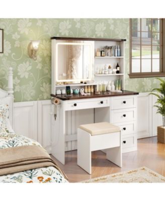 Farmhouse Vanity Set with Mirror and 3-Color LED Lighting for Bedroom or Dressing Room