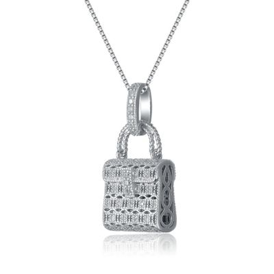 Sterling Silver White Gold Plated with Clear Cubic Zirconia Lock Pendant Necklace