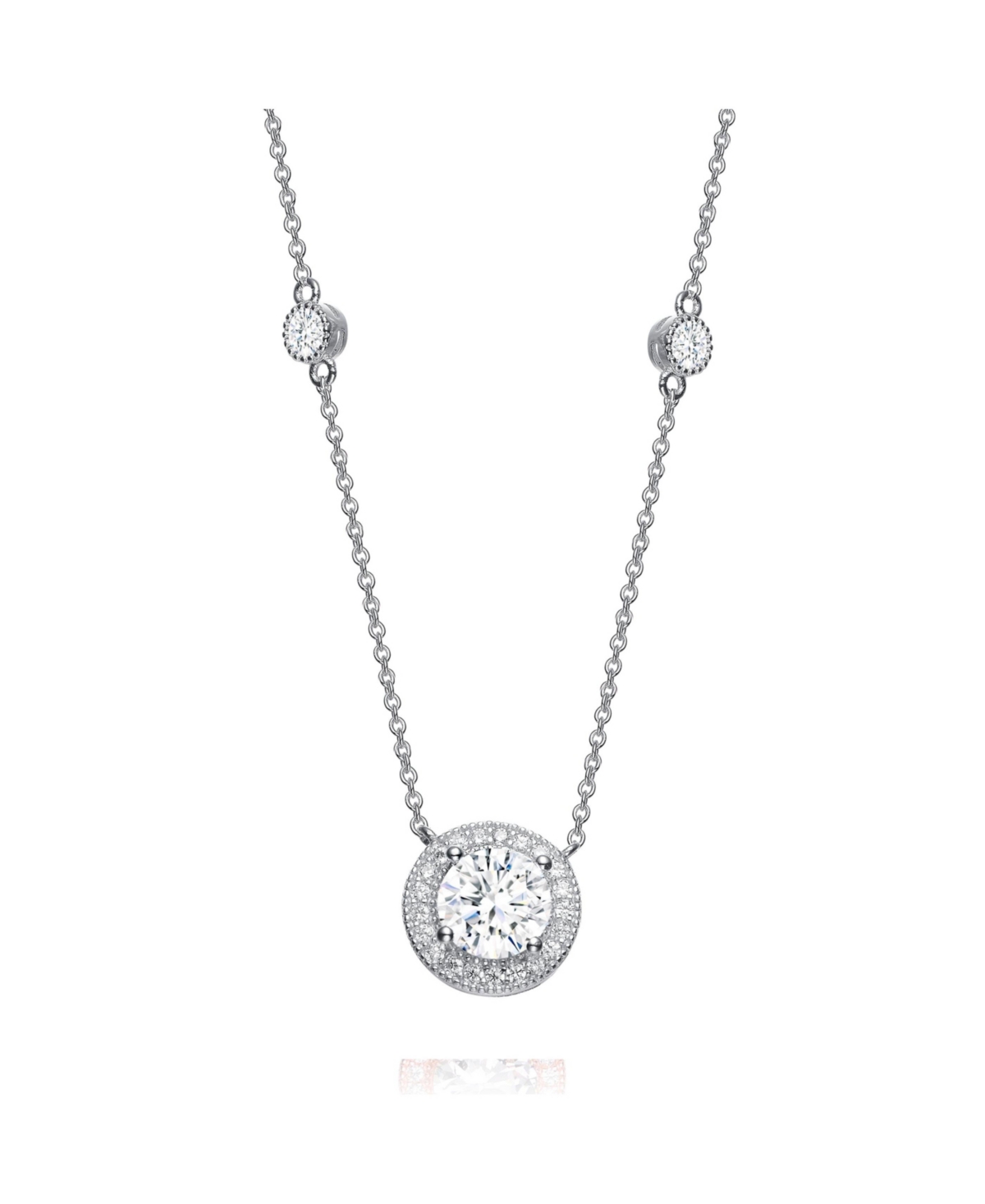 Sterling Silver White Gold Plated with Clear Round Cubic Zirconia Solitaire Necklace - Silver