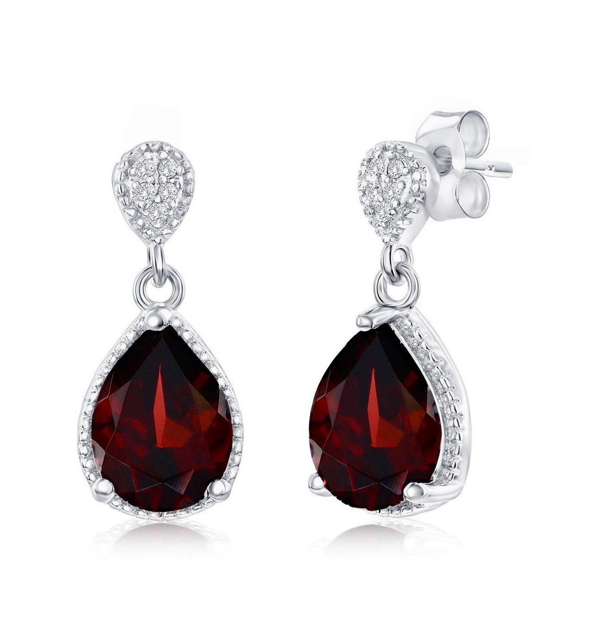 Sterling Silver, Gemstone Pearshaped Drop Earrings - Garnet