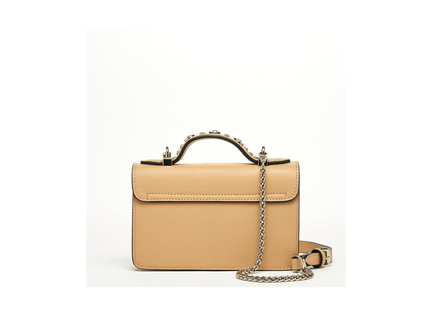 Women s Beige Studded Crossbody Bag Designer Leather Shoulder Purse with Top Handle, Structured Handbag with Silver Embellishments