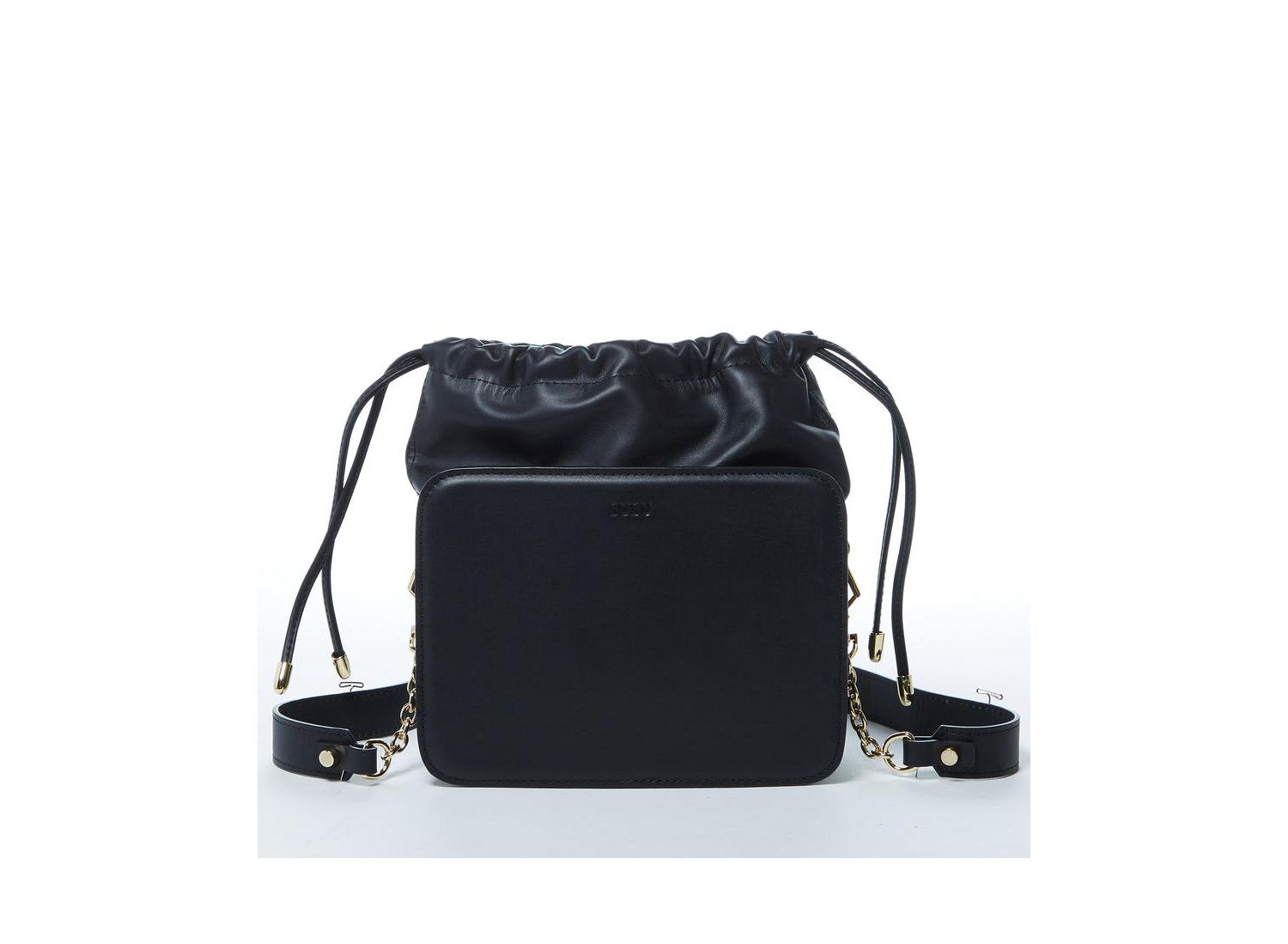 Black Leather Bucket Bag Medium Size Purse for Women with Drawstring Closure