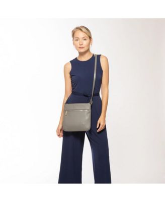 Gray Leather Messenger Bag Women s Slim Crossbody Purse with Zipper Closure and Front Pocket