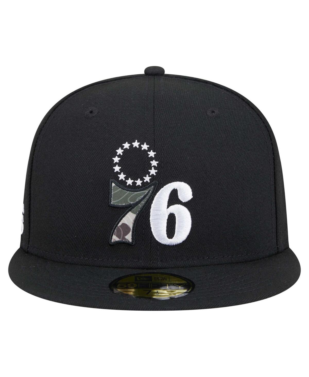 New Era Men's Black Philadelphia 76ers Camo Print Uv 59fifty Fitted Hat In Black,camo
