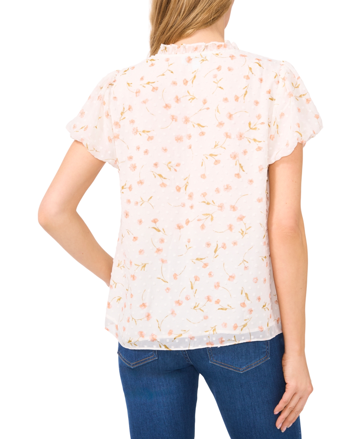 Cece Floral Bubble Sleeve Clip Dot Top In New Ivory