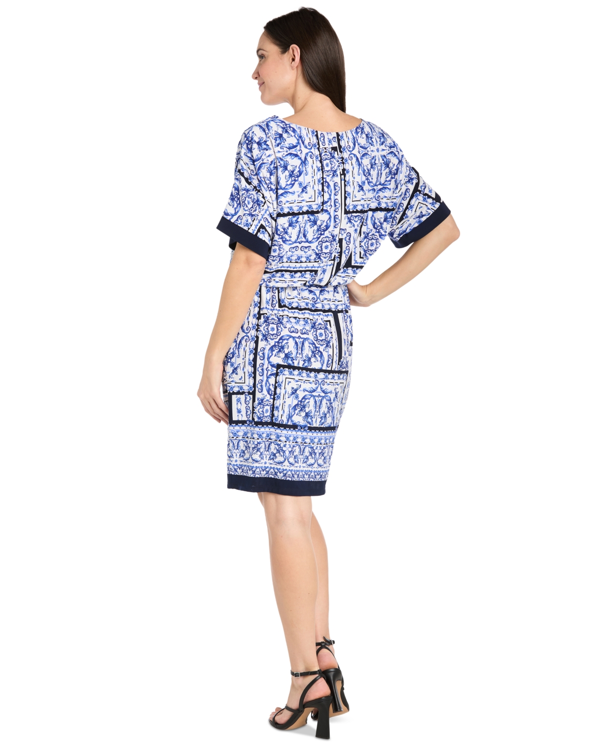 R & M Richards Plus Size Printed Blouson A-line Dress In White Denim