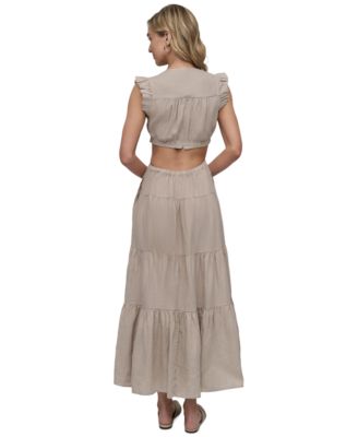 Women's Linen-Blend Tiered V-Neck Cutout Dress