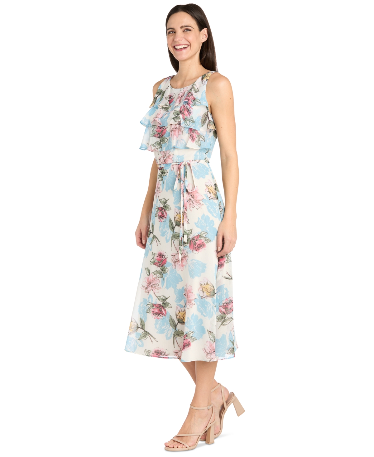 R & M Richards Petite Floral-print Ruffled Midi Dress In Ivory Denim