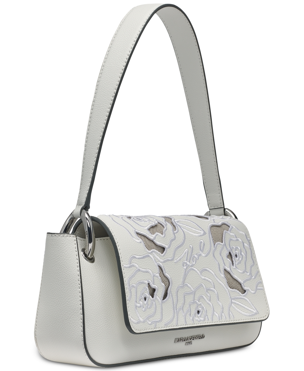 Karl Lagerfeld Monet Floral Embroidery Small Leather Shoulder Bag In Winter White,silver