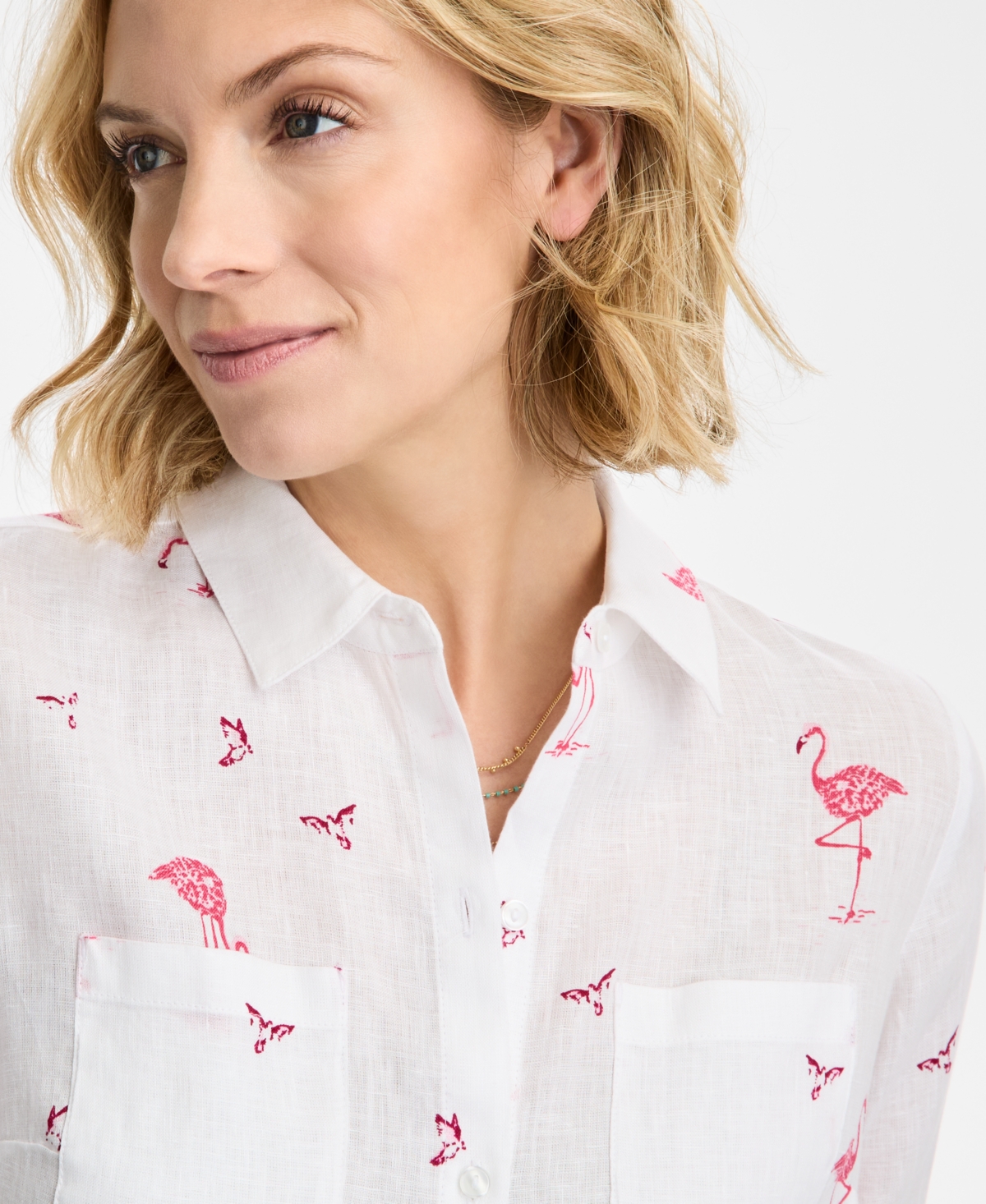 CHARTER CLUB WOMEN'S LINEN FLAMINGO-PRINT ROLL-TAB SHIRT, EXCLUSIVELY AT MACY'S 