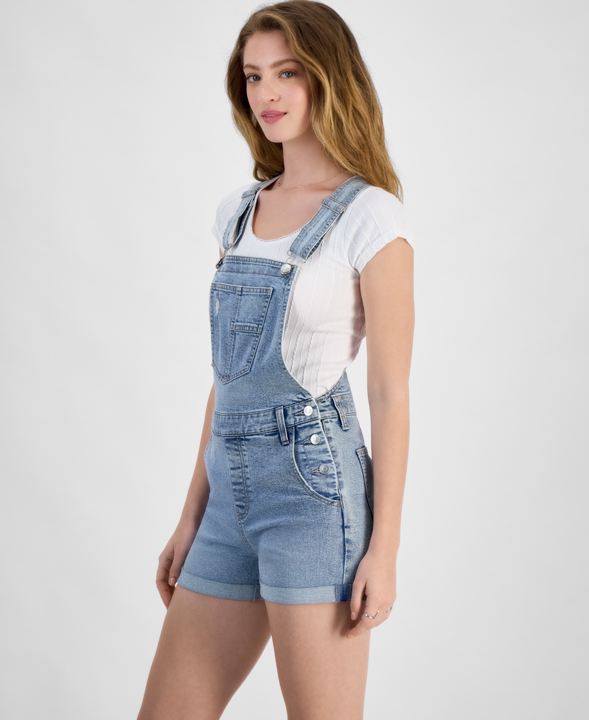 CELEBRITY PINK JUNIORS' ROLL-CUFF DENIM SHORT OVERALLS 