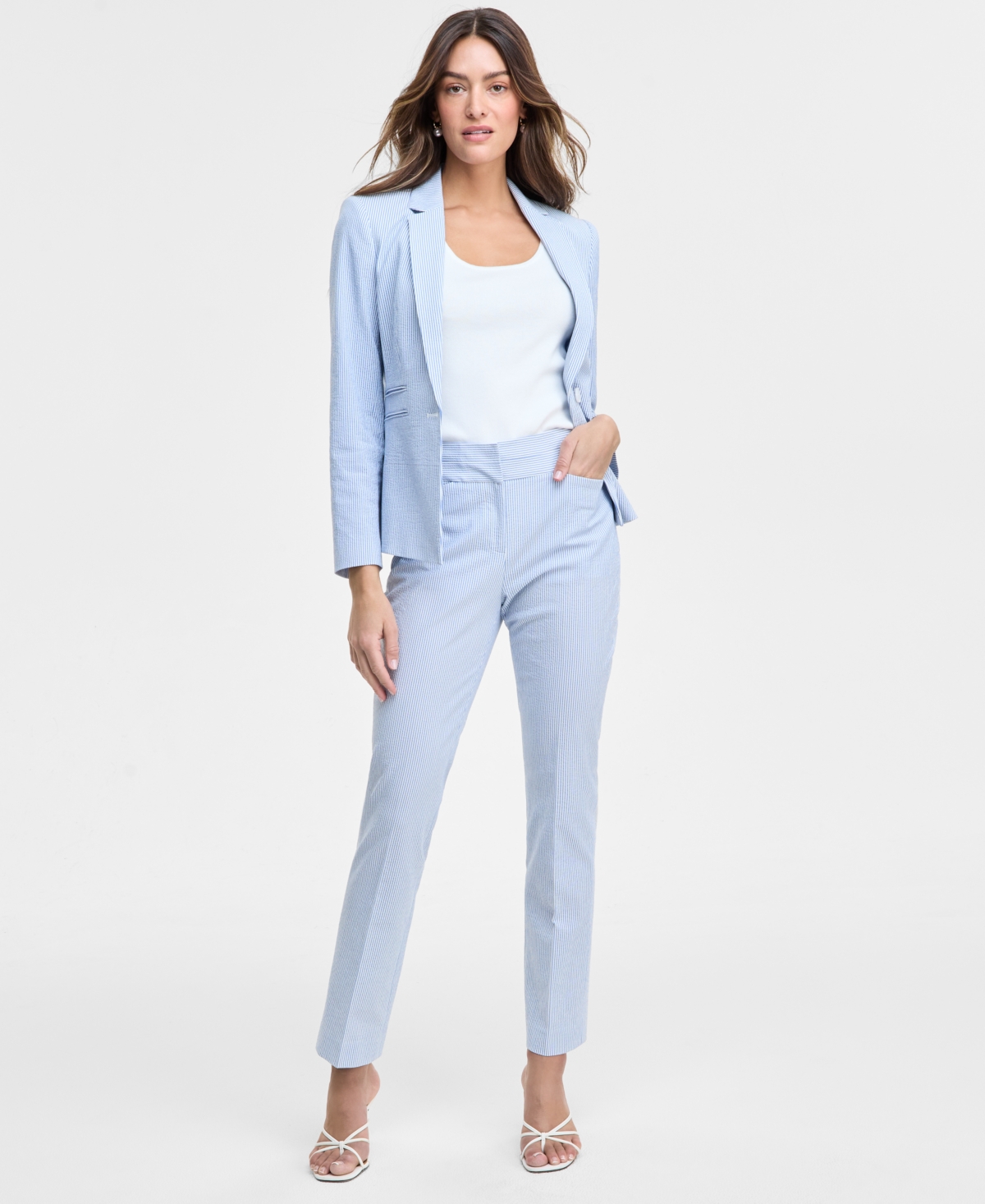 Women's Seersucker Flared Ankle Pants - Blue/White