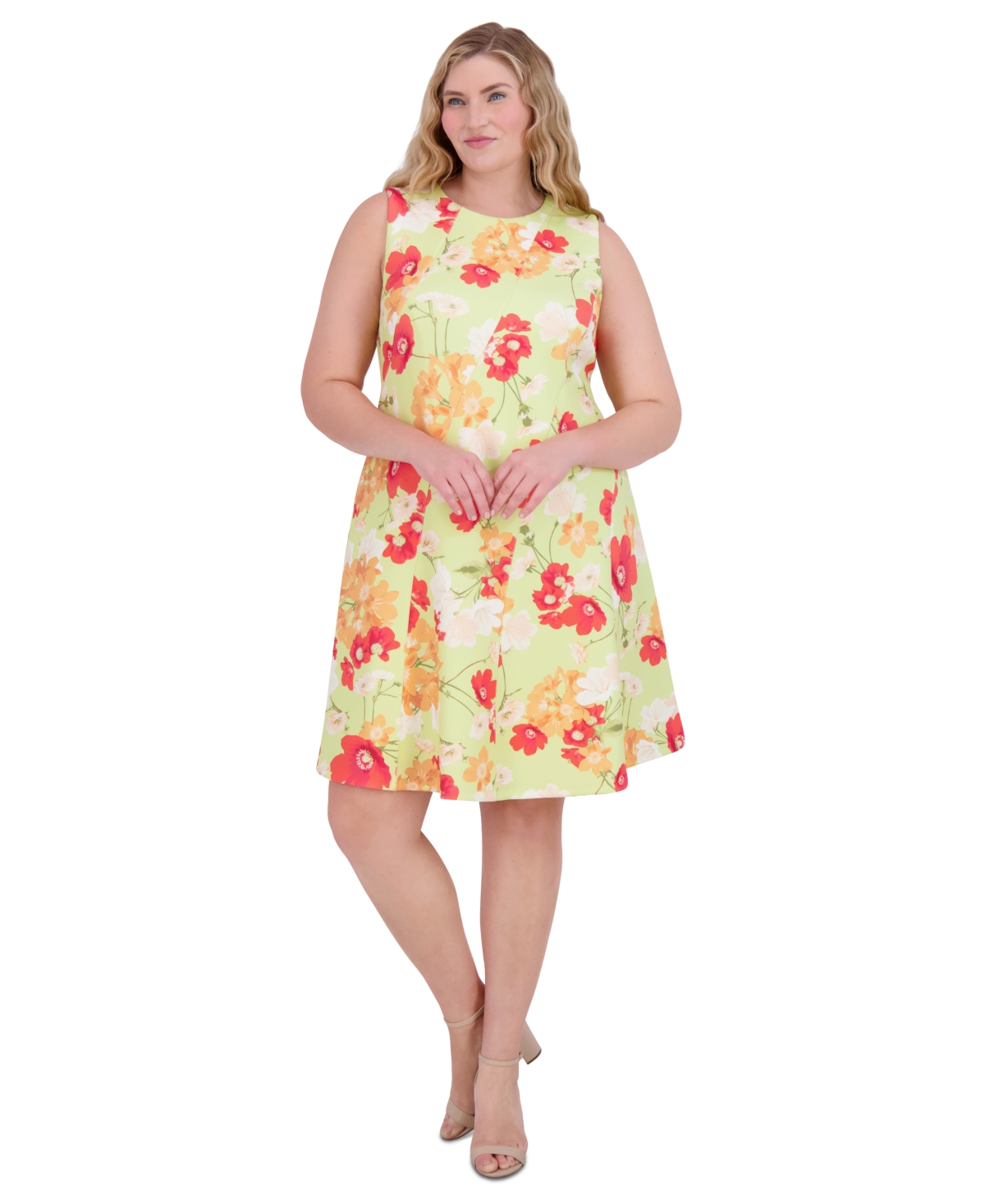 Vince Camuto Petite Printed Jewel-neck Sleeveless Dress In Lime