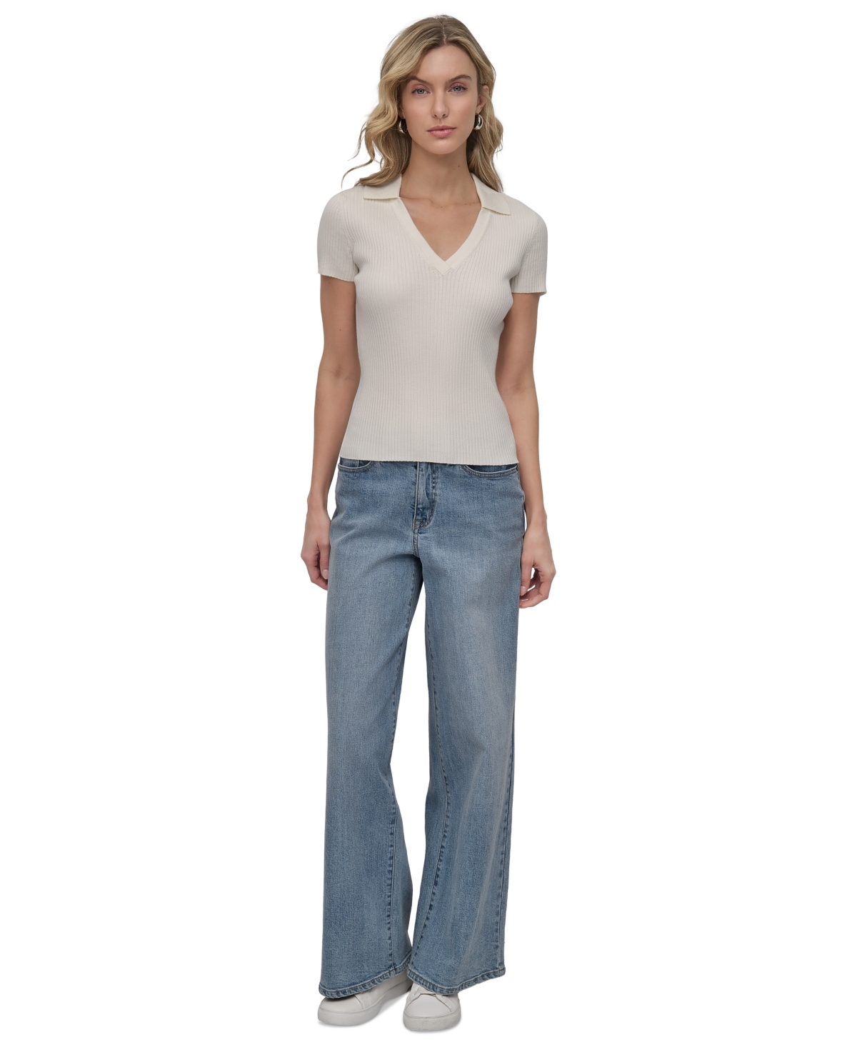 DKNY JEANS WOMENS RIBBED V-NECK POLO SWEATER 
