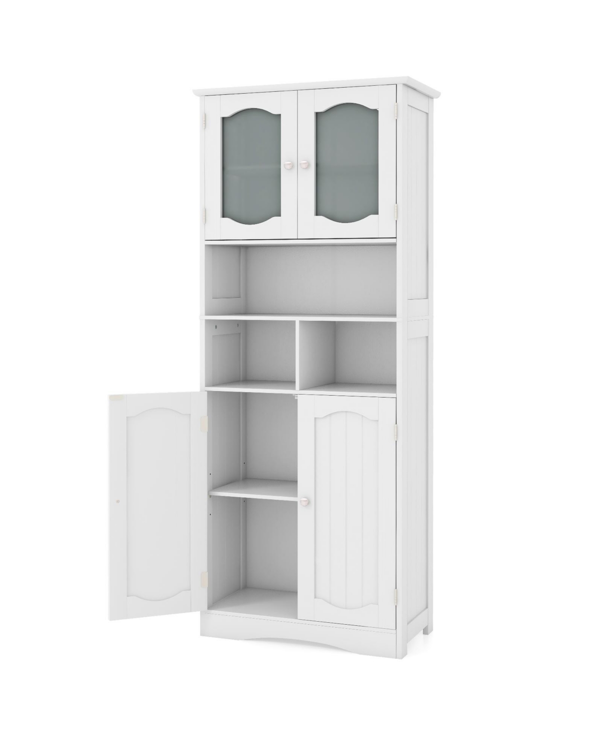Freestanding Linen Bathroom Storage Cabinet with Frost Glass Doors - White