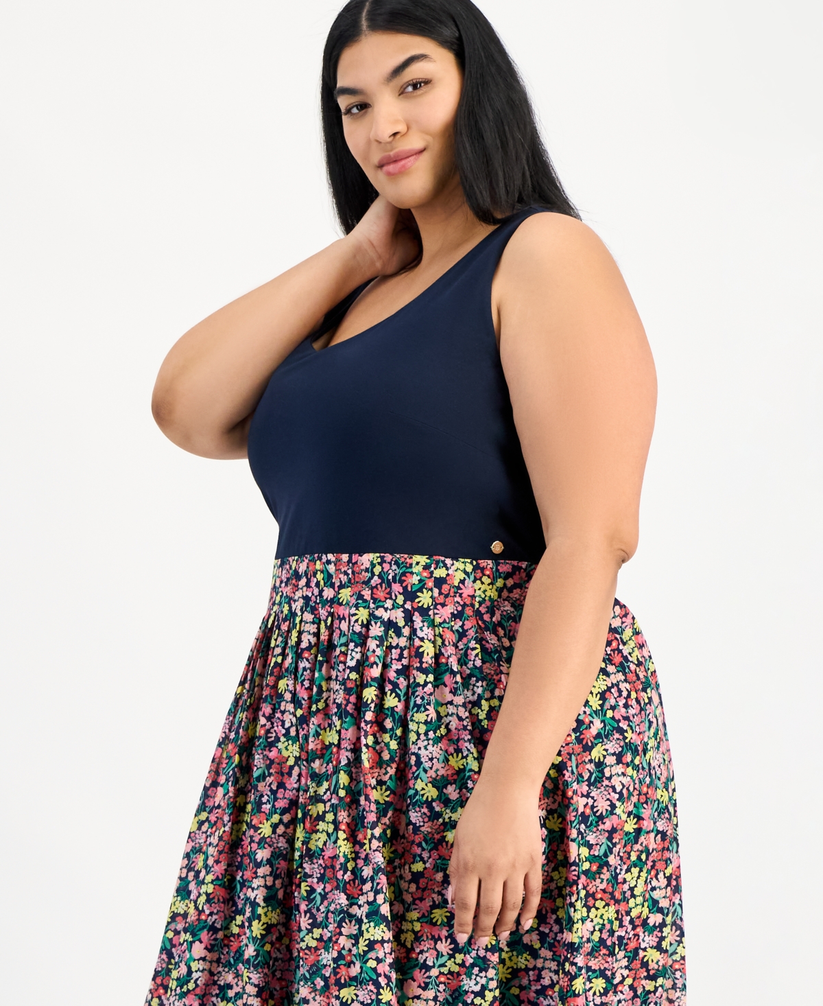 Tommy Hilfiger Plus Size Floral-print-skirt Sleeveless Dress In Sky Cap Multi