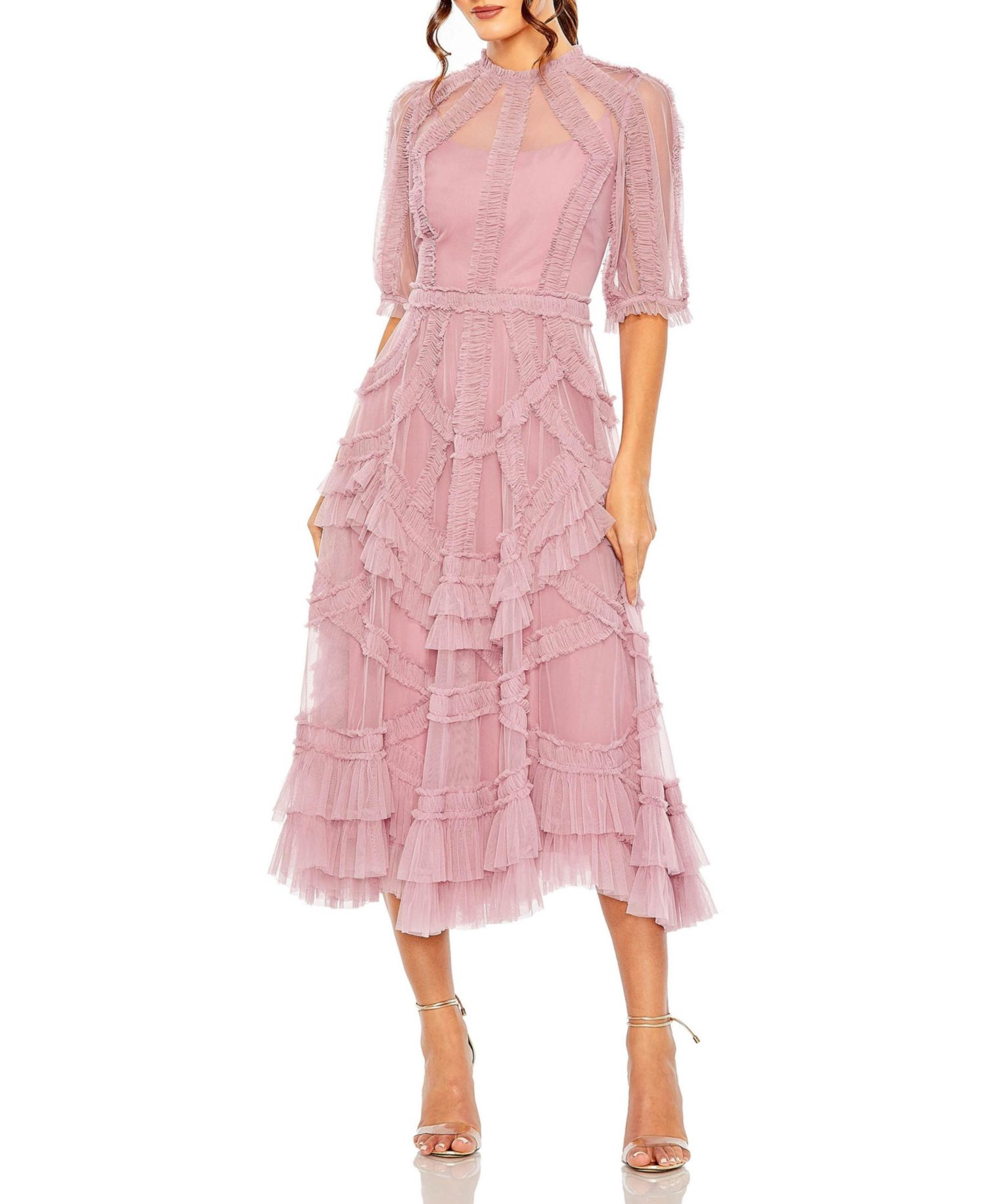 Women's High Neck Puff Sleeve Ruffle Tiered Dress