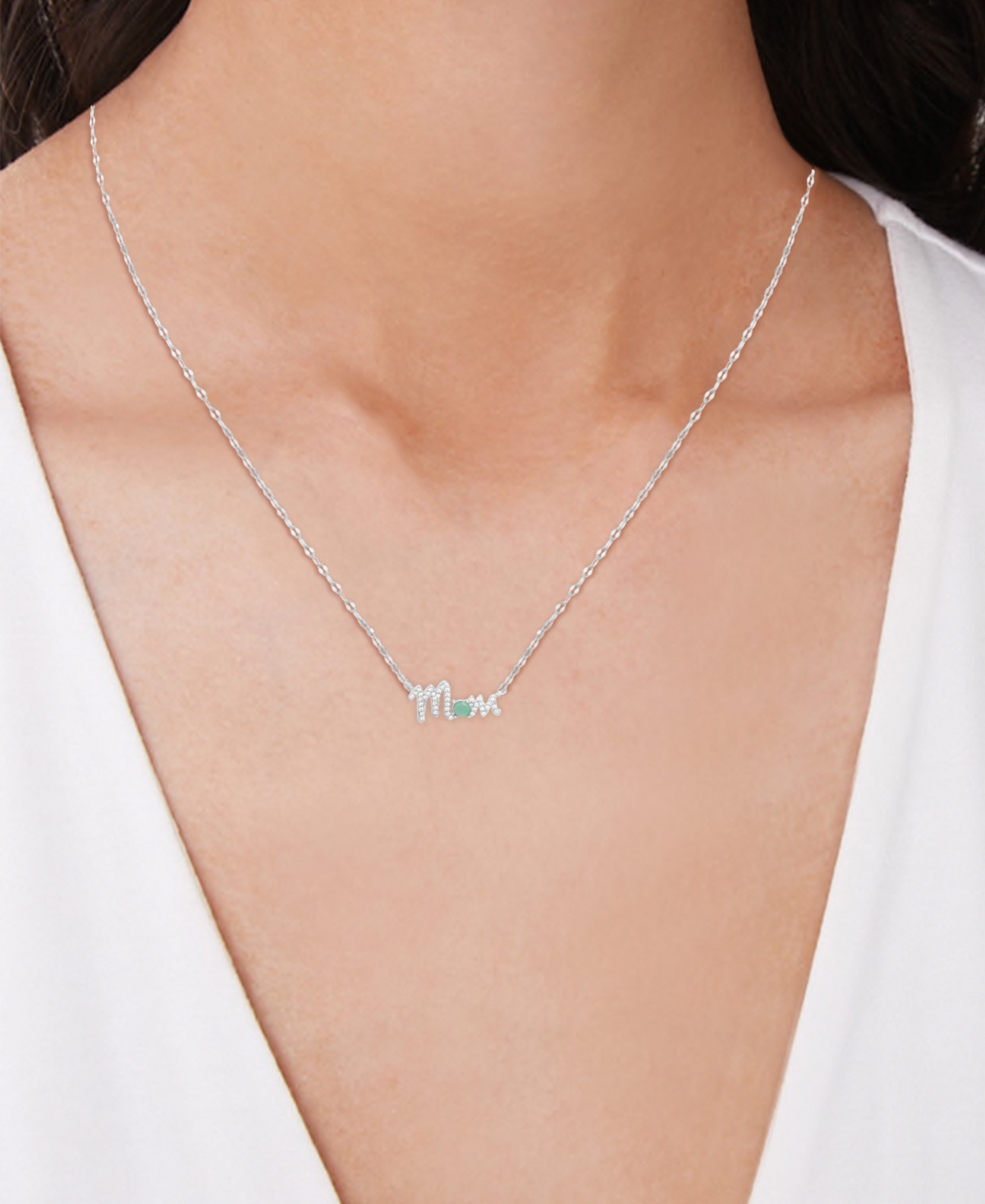 MACY'S EMERALD (1/4 CT. T.W.) & LAB-GROWN WHITE SAPPHIRE (1/2 CT. T.W.) MOM SCRIPT 18" PENDANT NECKLACE IN  